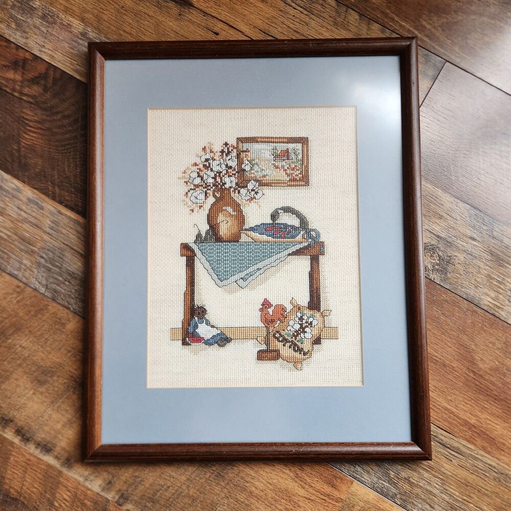 Vtg 80s Handmade Framed Country Farm Cross Stitch Goose Folk Art Cottage Rustic